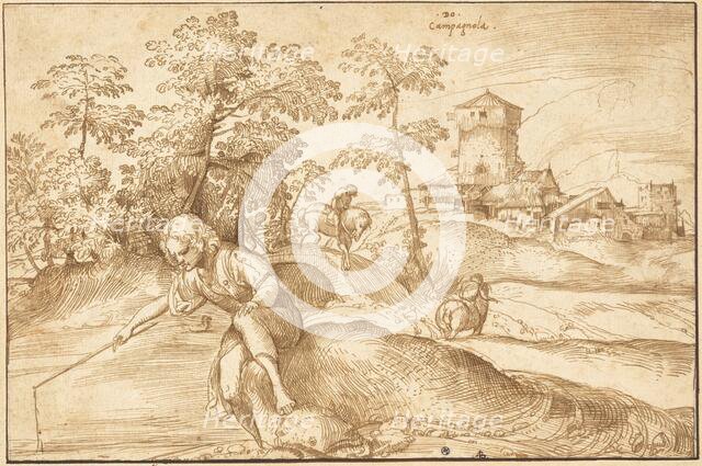 Landscape with a Boy Fishing, c. 1516. Creator: Domenico Campagnola.