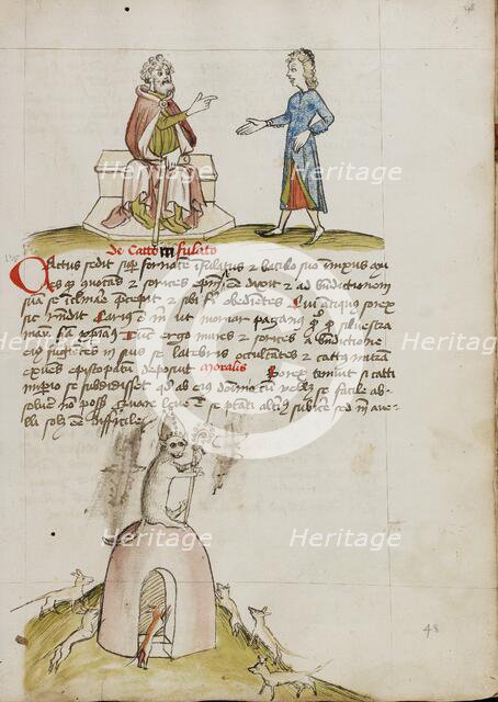 An Elderly Man Speaking to a Younger Man: A Cat with a Bishop's..., third quarter of 15th century. Creator: Unknown.