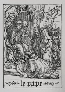 The Pope visited by Death from "The Dance of Death", 1538, (1877).  Creator: Unknown.