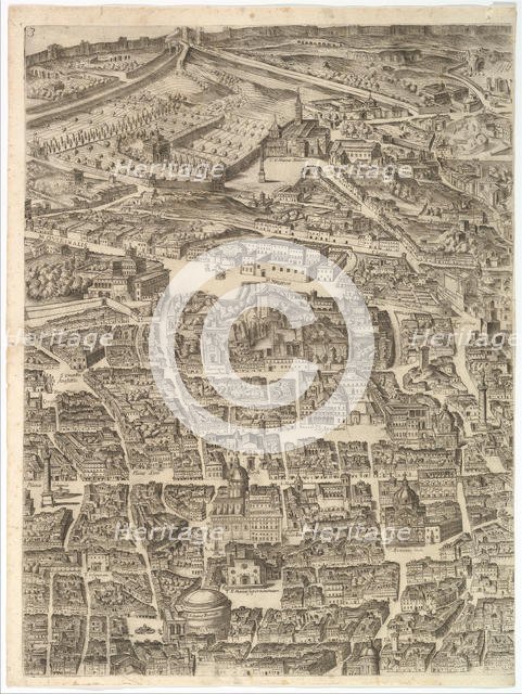 Plan of the City of Rome. Part 3 with the Santa Maria Maggiore, the Pantheon and Trajan's ..., 1645. Creator: Antonio Tempesta.