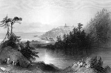 Lily Lake, with the town of St John on an outcrop beyond, Canada, 19th century.Artist: R Brandard