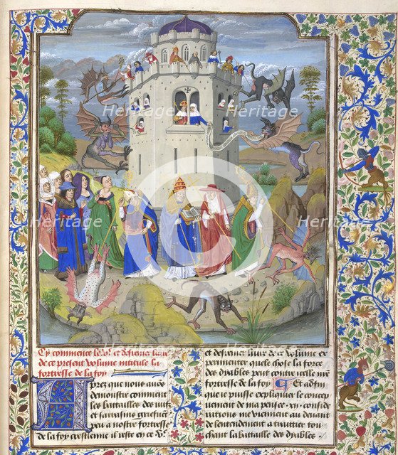 Fortress of Faith (Miniature of the Saints Gregory, Augustine, Jerome, and Ambrose fighting demons), Late 15th cen.. Artist: Liédet, Loyset (1420-1479)