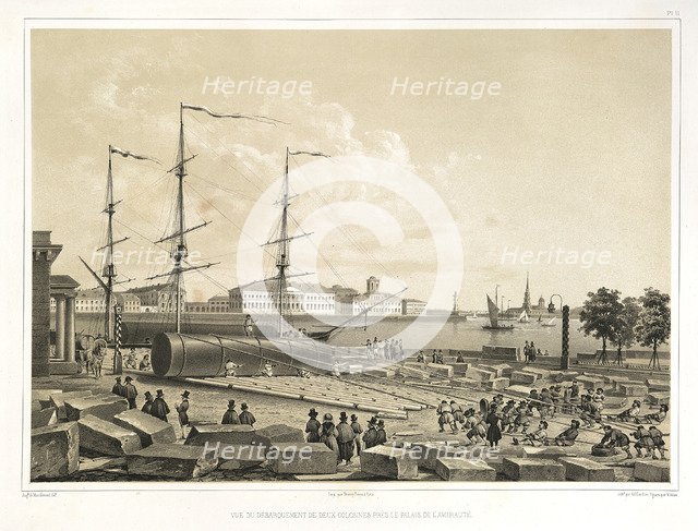 Unloading two column at the Admiralty (From: The Construction of the Saint Isaac's Cathedral), 1845. Artist: Montferrand, Auguste, de (1786-1858)