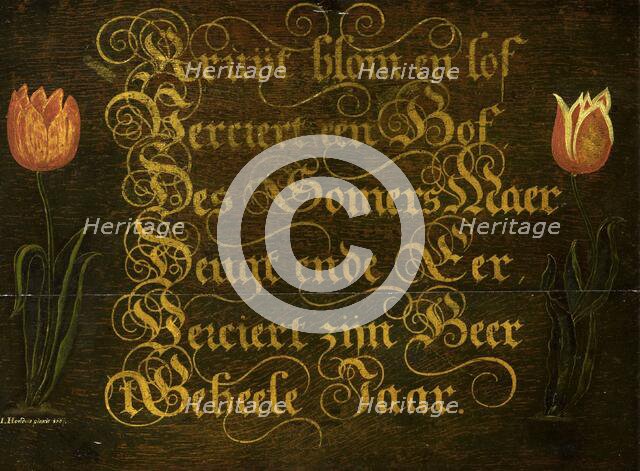 A Calligraphic Maxim, Flanked by Tulips, 1667. Creator: Isaac Hondius.