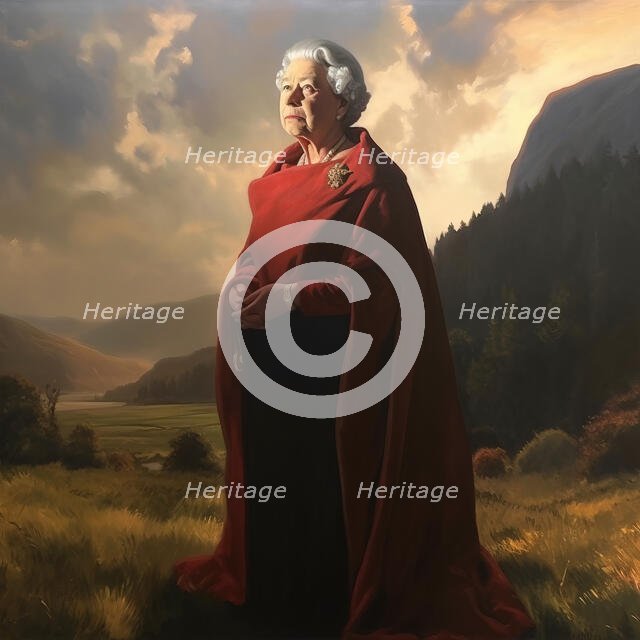 AI IMAGE - Portrait of Queen Elizabeth II in a Highland setting, 2000s, (2023). Creator: Heritage Images.