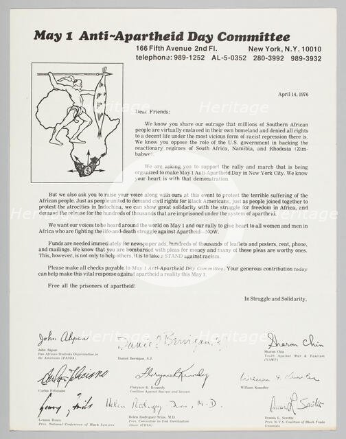 Letter requesting support for the Anti-Apartheid Day rally, April 14, 1976. Creator: Unknown.