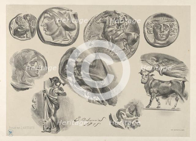 Sheet of Nine Antique Coins, 1825., 1825. Creator: Eugene Delacroix.