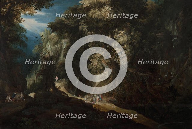 Wooded Mountain Landscape with Waterfall and Travellers, first half of 17th century. Creator: Gysbrecht Leytens.