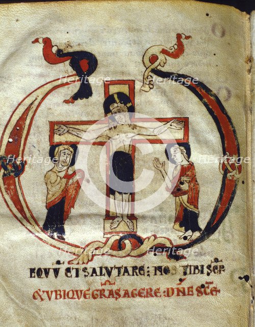 Crucifixion. Miniature in the 'Missale parvum', manuscript on parchment, c. 1075 - 1100.