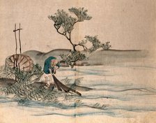 A Japanese fisherman on a lake shore pulling in his nets, 1860. Creator: Unknown.