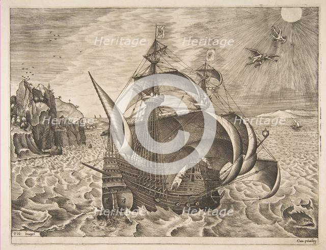 Armed Three-master with Daedalus and Icarus in the Sky from The Sailing Vessels, 1561-65. Creator: Frans Huys.