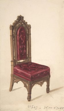 Gothic Style Chair with Dark Wood Frame and Maroon Upholstery, 19th century. Creator: Anon.