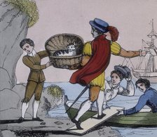 Dick Whittington handing over his cat to the captain of a ship, 1845. Creator: Unknown.