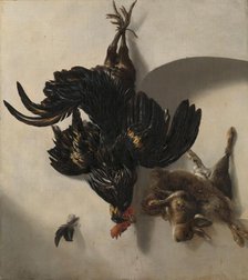 Still Life with Black Rooster and two Rabbits, 1659. Creator: Cornelis Lelienbergh.
