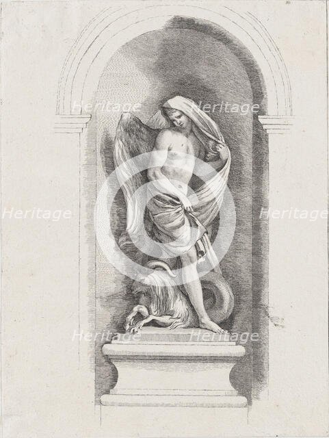 Standing male angel holding drapery and standing over a ram; ..., possibly mid to late 18th century. Creator: Anon.