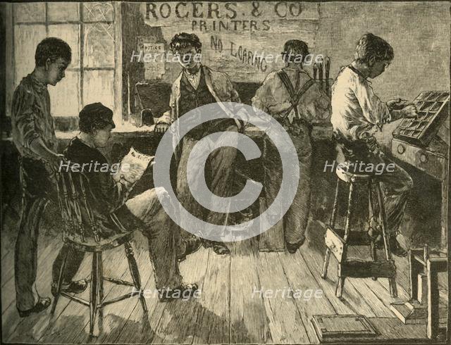 'At Work in the Printing-Office', 1881. Creator: Unknown.