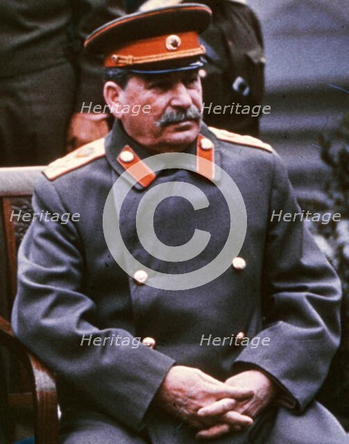 Stalin, Yalta Conference, February, 1945. This Kodak Kodachrome photograph was not colorized. Creators: Central Office of Information, Unknown.