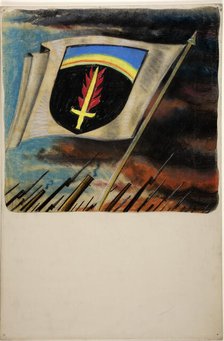 Flag, with flaming sword on shield motif, between 1939 and 1946. Creators: Unknown, Central Office of Information.