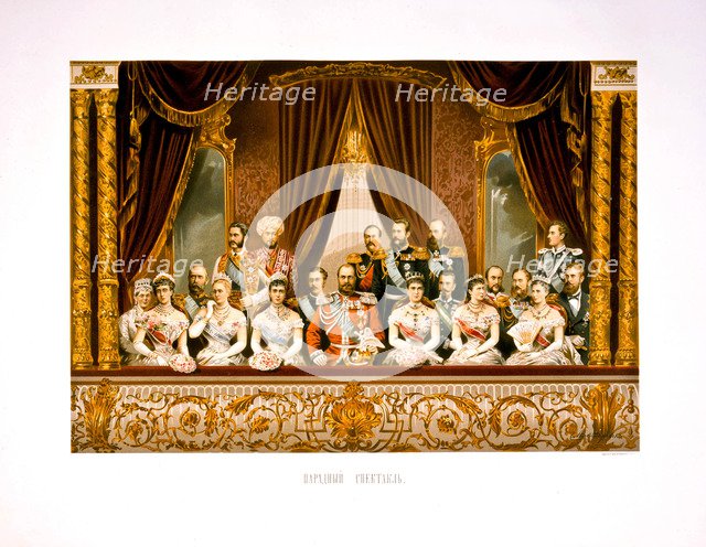 The group portrait at the Bolshoi Theater. Coronation of Empreror Alexander III and Empress Maria Fy Artist: Alexandrovsky, Stepan Fyodorovich (1843-1906)