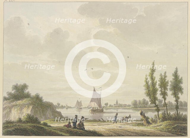 Three barges sail on a river, a man with a donkey in the foreground, four figures further to the... Creator: Nicolaas Wicart.