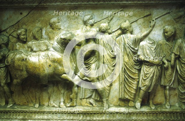 Sacrificial procession of a bull preceded by trumpeters, 30-40. Artist: Unknown