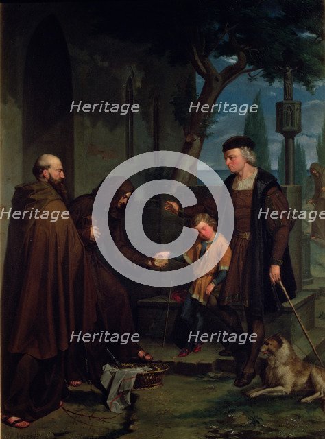 Christopher Columbus at the gates of the Convent of La Rabida asking for bread and water for his …