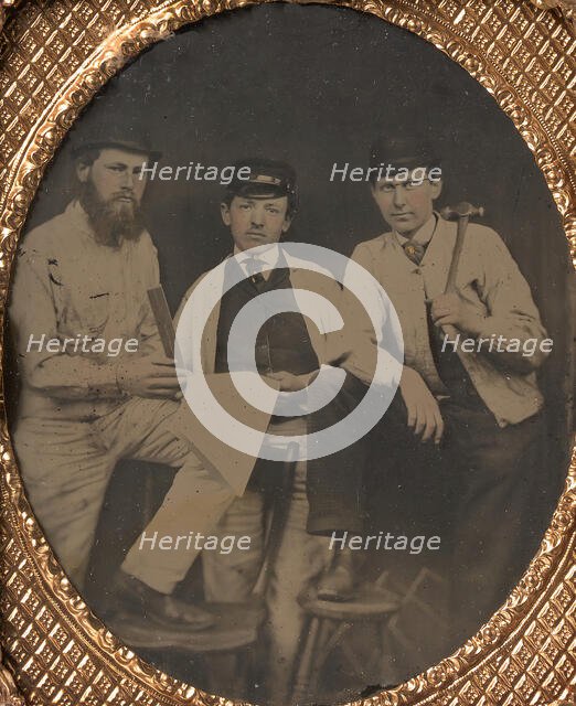 [Three Carpenters, Standing, Holding a Ruler, Hammer, and Sheet of Paper], 1850s-60s. Creator: Unknown.