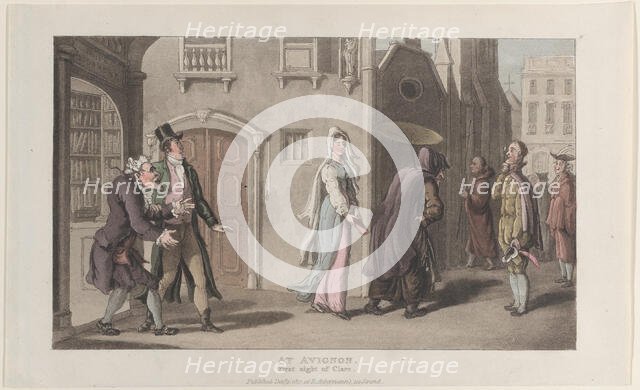 At Avignon, First Sight of Clara, from "Journal of Sentimental Travels in the ..., December 1, 1817. Creator: Thomas Rowlandson.