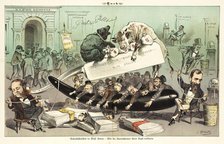 Halsabschneiden in Wall Street. Cartoon from Puck, 1881. Creators: Joseph Keppler, Bernhard Gillam.