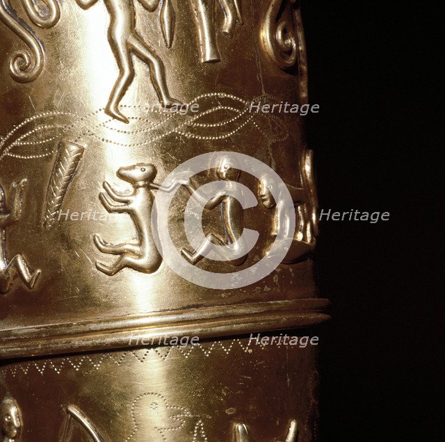 Detail of man with captive on Gallehus Horn, Danish. Artist: Unknown