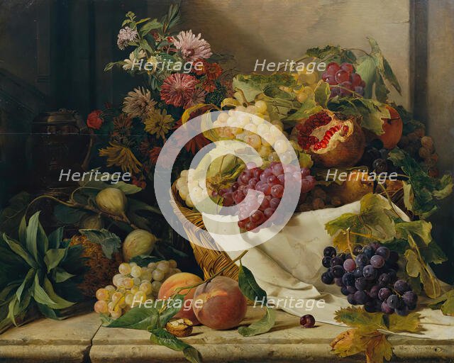 Still life with fruits and flowers, 1847. Creator: Rosalia Amon.