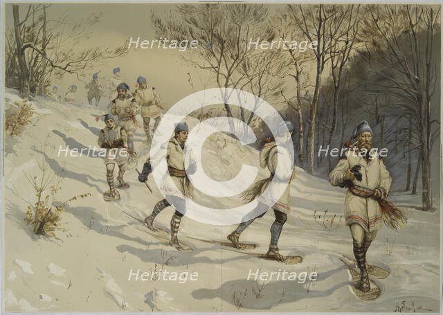 Snowshoeing, c.1880. Creator: Sandham, Henry (1842-1910).
