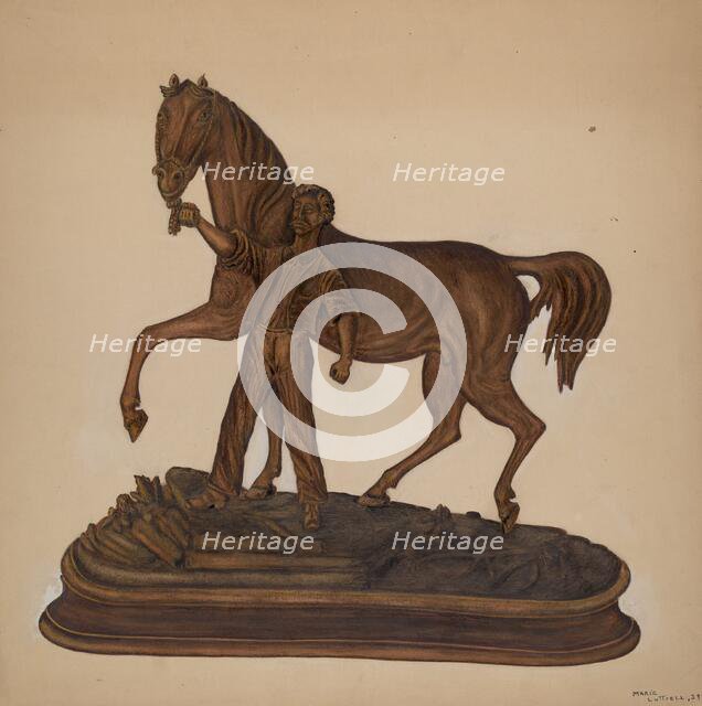 Horse and Man Woodcarving, 1939. Creator: Marie Lutrell.