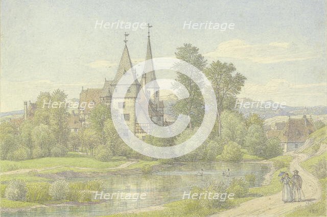 Village by a body of water, surrounded by trees, in the middle a castle-like building and..., 1870. Creator: Peter Becker.