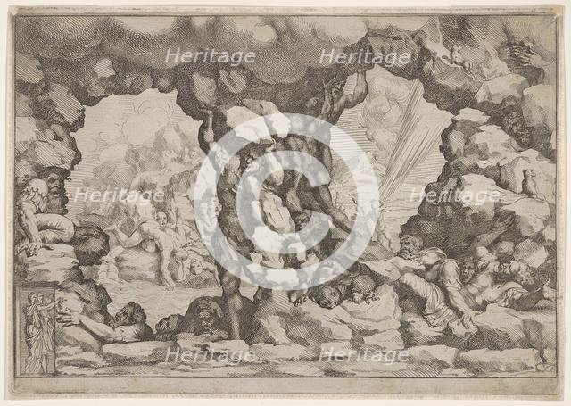 A giant heaving a boulder at center, other giants to left and right struggling and rec..., ca. 1680. Creator: Pietro Santi Bartoli.