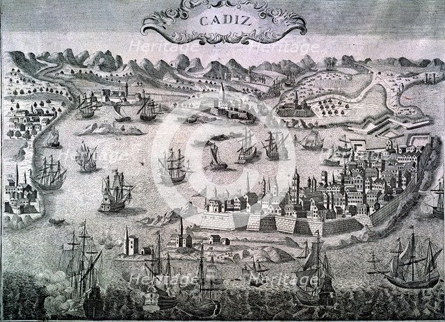 View of the city of Cádiz and its port, 17th century engraving.