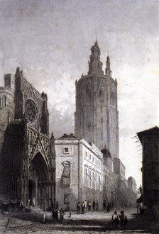 View of the Cathedral and the Miquelet tower in Valencia, engraving in 'Voyage Pittoresque en Esp…