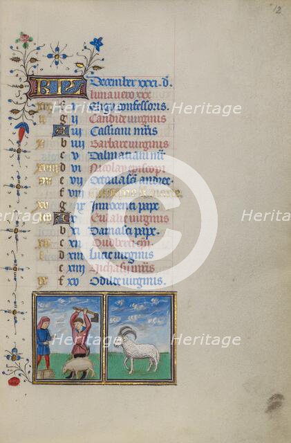Calendar Page for December: Slaughtering a Pig: Capricorn; Book of Hours, about 1450-1455. Creator: Master of the Lee Hours.