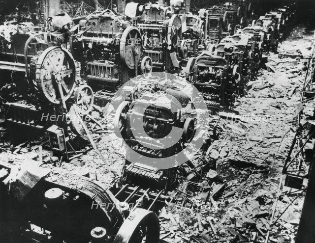 Bomb damage at a Renault factory, Sevres, Paris, 4 April 1943. Artist: Unknown