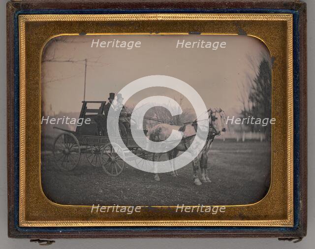 Untitled (Two Men with Top Hats atop a Horse-Drawn Carriage), 1850. Creator: Unknown.