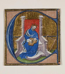 Leaf Fragment with Historiated "E" with King David Playing Psaltery, 15th century. Creator: Unknown