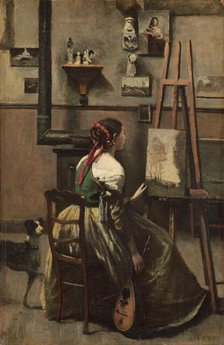 Corot's Studio: Woman Seated Before an Easel, a Mandolin in her Hand, c. 1868. Creator: Jean-Baptiste-Camille Corot.