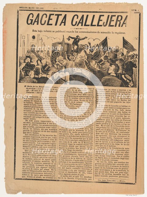 Page from the periodical 'Gaceta Callejera' relating to the continuation of anti-re-electi..., 1892. Creator: José Guadalupe Posada.