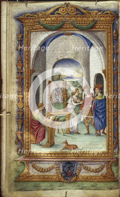 Penelope writing, Telemachus and Laertes (Illustration for The Heroides by Ovid), 1485-1499. Artist: Majorana, Cristoforo (active ca. 1480-1494)