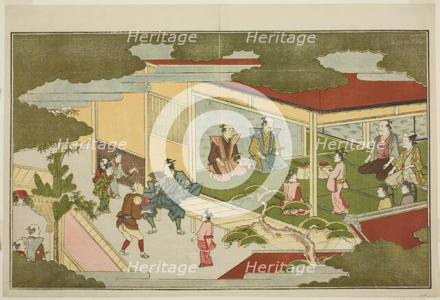 New Year in a Samurai Mansion, from the illustrated kyoka anthology "The Young God..., 1789. Creator: Kitagawa Utamaro.