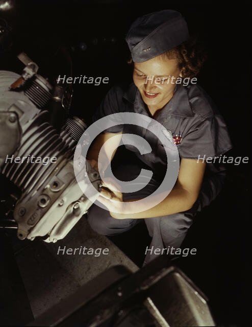 Assembly and Repairs Dept. mechanic Mary Josephine Farley works..., Corpus Christi, Texas, 1942. Creator: Howard Hollem.