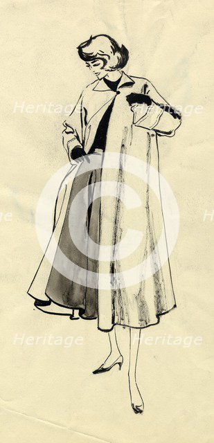 Woman in coat and full skirt, c1950. Creator: Shirley Markham.