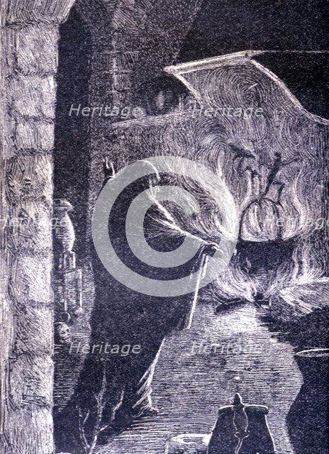 La Celestina, 1883, engraving with the Celestina making a spell.