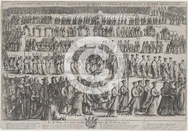 The procession of the casket of St. Genevieve, with clerics and laymen marching in six row..., 1652. Creator: Nicolas Cochin.