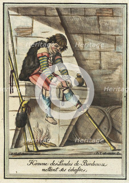 Costumes de Différent Pays, 'Homme des Landes de Bordeaux Mettant ses Échasses', c1797. Creators: Jacques Grasset de Saint-Sauveur, LF Labrousse.